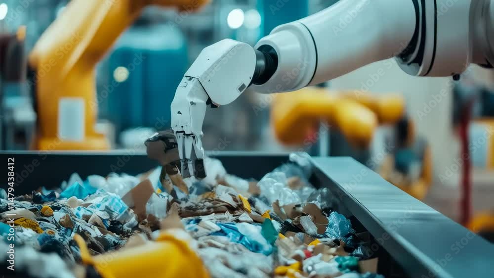 Poster Robotic arm sorting through mixed trash in a modern waste processing facility, efficiently separating materials for recycling and disposal, highlights automation in waste management