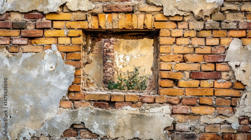 Poster close up of a weathered brick wall with a hole in the center showing greenery and another brick wall