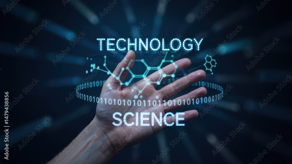 Poster digital projection of technology and science on a hand.