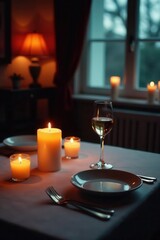 Intimate table setting, flickering candlelight, romantic ambiance, dinner, wine
