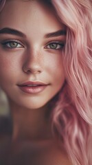 Obraz premium Elegant Woman with Soft Pink Hair and Natural Makeup on Nude Background