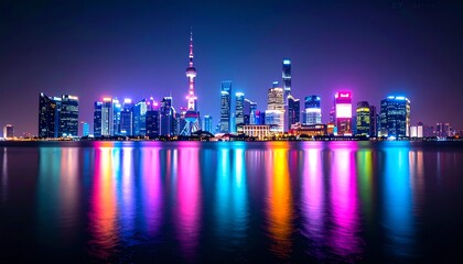 Obraz premium A vibrant skyline of Shanghai at night, featuring illuminated skyscrapers reflecting in the water, showcasing a mix of modern architecture and colorful lights