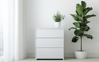 Modern minimalist interior with white dresser and plants