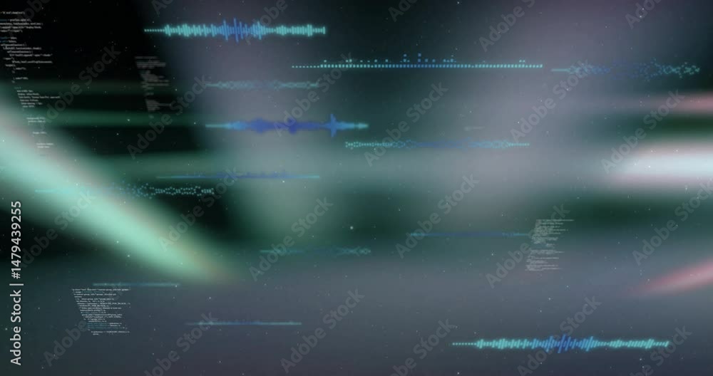 Aufkleber floating neon-blue waveforms drifting past starfield, showing light streaks and code lines