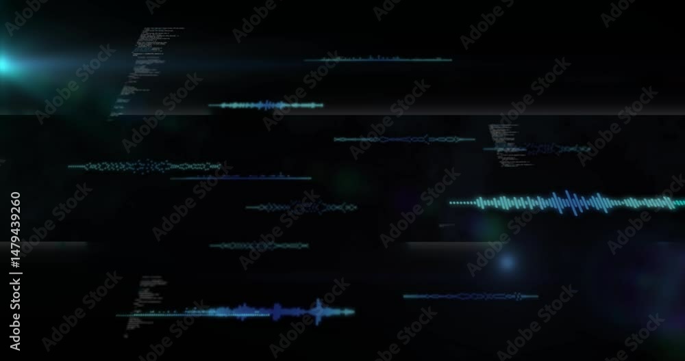 Poster bright cyan and blue audio waveforms floating across interface with code segments, lens-flare glows