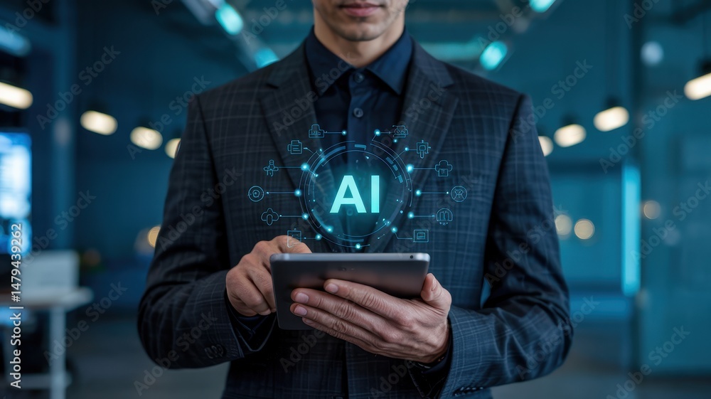 Poster businessperson using a tablet to interact with an artificial intelligence interface.