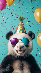 Party animal! Colorful photo of funny, happy koala bear on aqua background. Balloons, confetti, happy mood. Birthday celebration Vertical banner for instastory, reel or tiktok	
