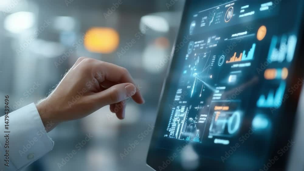 Poster interactive data analysis: a close-up shot of a hand interacting with a futuristic digital interface