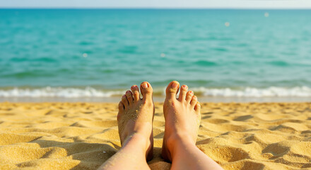 Woman's feet on golden sand beach with turquoise sea water. Summer vacation relaxation concept for travel agencies, beach resorts and foot care products