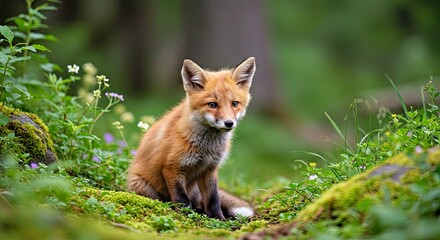 Adorable Red Fox (Vulpes vulpes) in Lush Forest; Flowers & Moss, Artistic Wildlife Scene