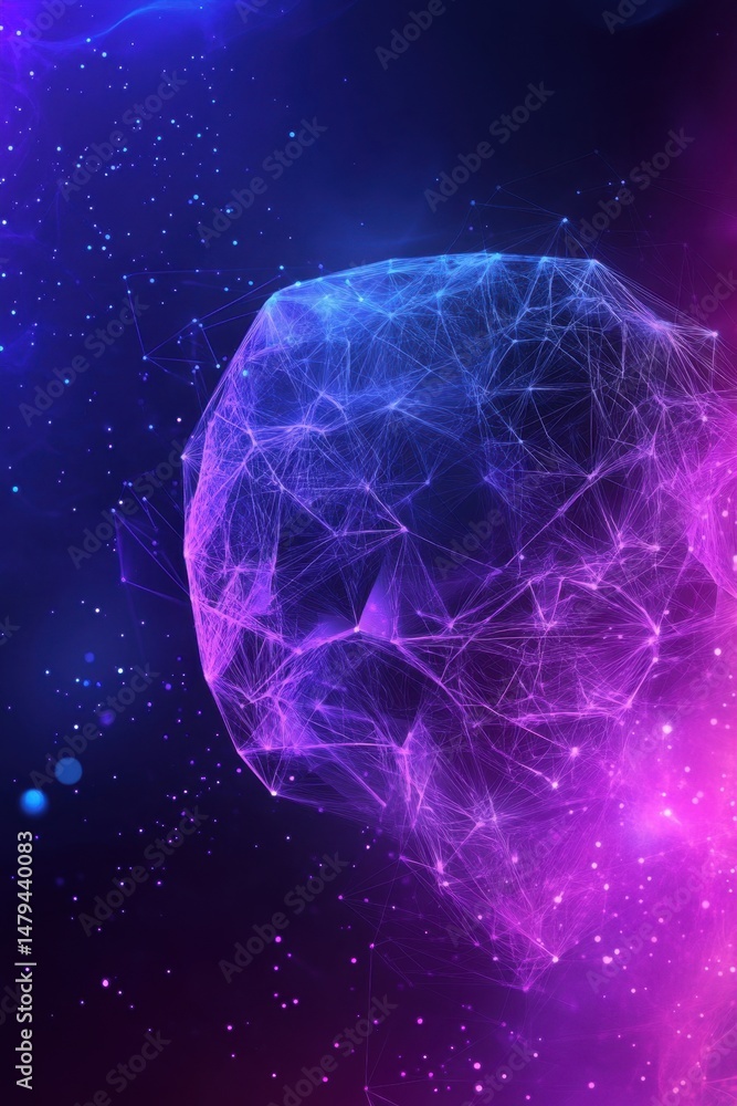 Poster abstract plexus sphere floating in space with blue and purple hues digital art design concept backgr