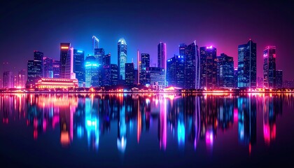 Fototapeta premium A vibrant city skyline illuminated by colorful lights, reflecting beautifully on the water at night, creating a mesmerizing urban landscape