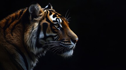 Fototapeta premium Striking portrait of a tiger in profile against a dark backdrop