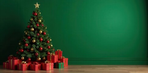 Ornate Christmas tree, presents by green wall, lights, spruce, festive