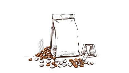 Obraz premium Hand-drawn sketch of coffee bag, grinder, beans, and blade Perfect for cafe menu or packaging, dark, caffeine