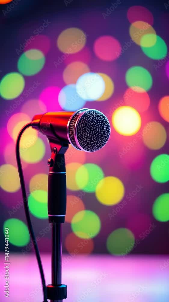 Aufkleber microphone on colorful bokeh neon pastel background performance microphone for speech singing karaok