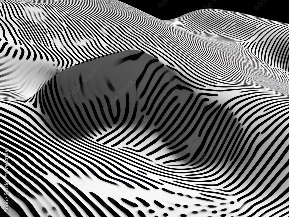Poster abstract monochrome landscape with striped pattern undulating in flowing waves and a dark hollow cav