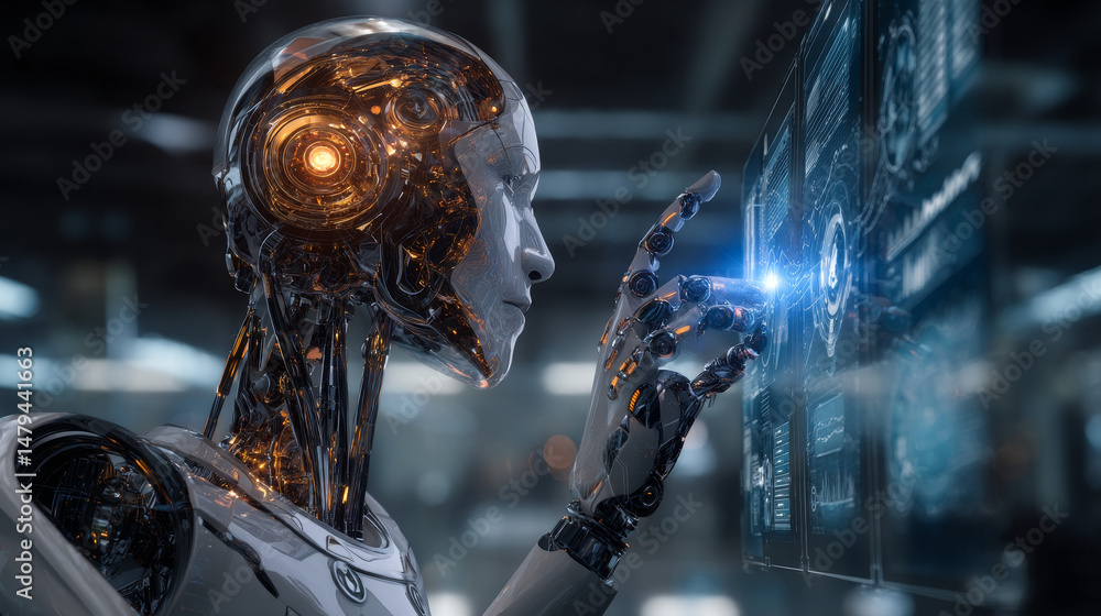 Poster robot with artificial intelligence. wise cyborg with higher or supreme mind working on abstract hud 
