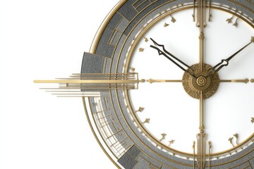 Obraz premium Close-up of an elegant wall clock with a white face, gold accents, and a grey textured outer ring. The intricate design features Art Deco influences.