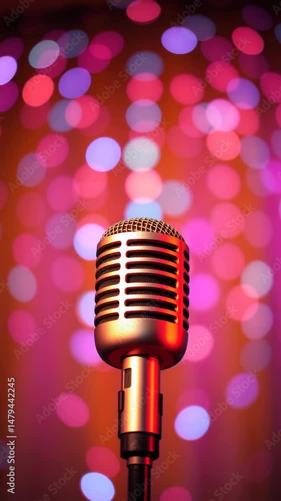 Aufkleber microphone on colorful bokeh neon pastel background performance microphone for speech singing karaok