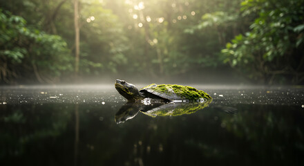 Fototapeta premium Close Up View Of A Tortoise Exploring Forest Floor A Natural Peaceful Scene
