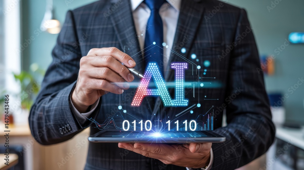Poster businessperson using tablet to display artificial intelligence concept.