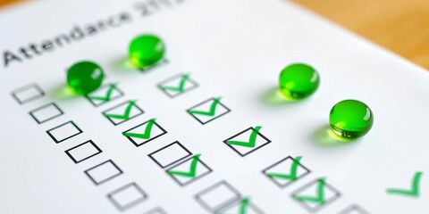 Green checkmarks on office attendance sheet, checklist design,  project,  stationery