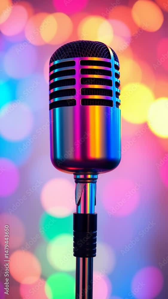 Aufkleber microphone on colorful bokeh neon pastel background performance microphone for speech singing karaok
