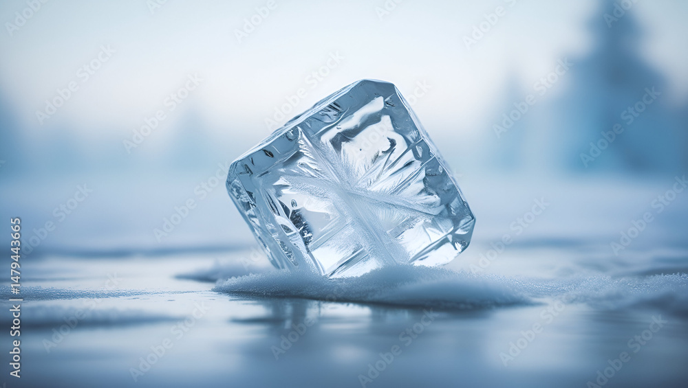 Poster single ice cube in sharp focus against a blurred blue winter backdrop, toned for a cold, crisp atmos