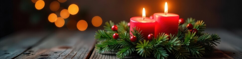 Third advent candlelit fir wreath on wood Festive bokeh , red, glow, copy space