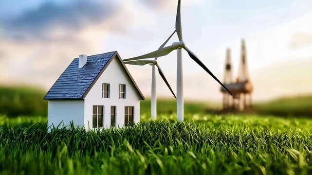 Miniature house and wind turbines stand on a grassy field, symbolizing the transition to clean energy, while an oil rig blurs in the distance, representing the dependence on fossil fuels