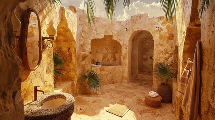 Sun-drenched, cave-like bathroom with warm, earthy tones.