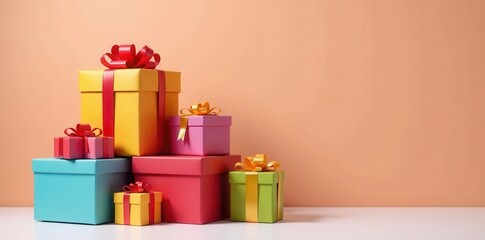 Obraz premium Varied sized gift boxes, colorfully wrapped, piled high on a simple table , pile, colorful boxes