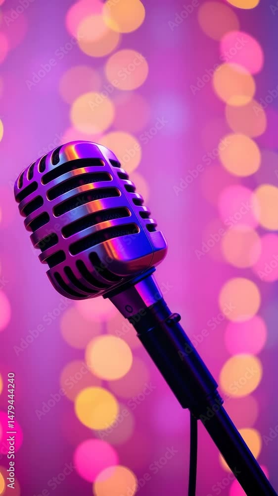 Poster microphone on colorful bokeh neon pastel background performance microphone for speech singing karaok