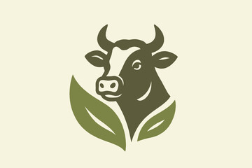 Cow eco farm logo with leaves bold flat icon