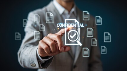 Businessman interacting with a digital confidential document.