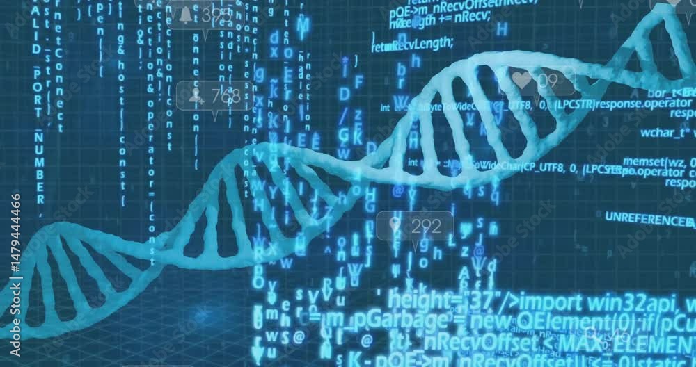 Poster 3d digital double helix dna twisting diagonally, showing floating code streams and ui icons