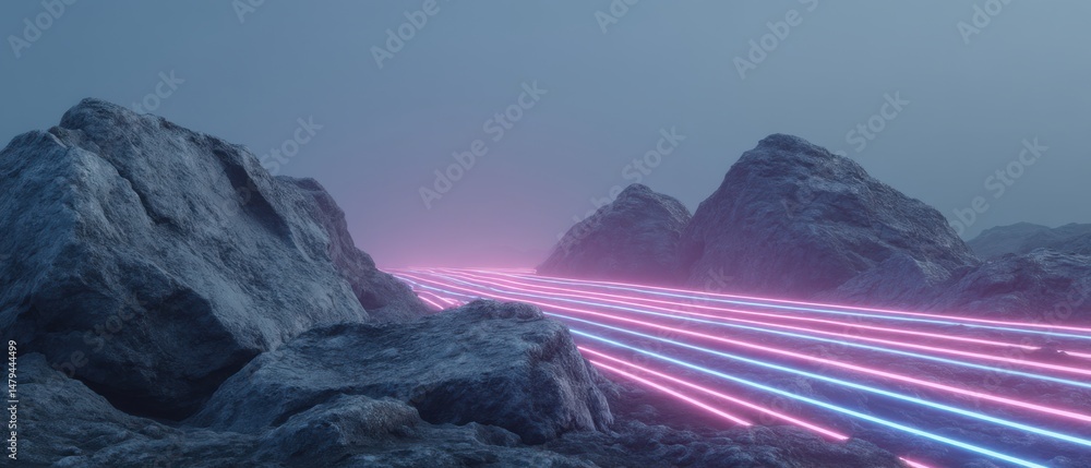 Poster surreal landscape with glowing neon lines between rocky mountains, creating a futuristic path in a m