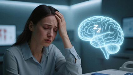 Businesswoman with cognitive fatigue in a modern clinic, brain scan projection floating nearby, soft shadows, and advanced functional medicine treatments for mental health recovery