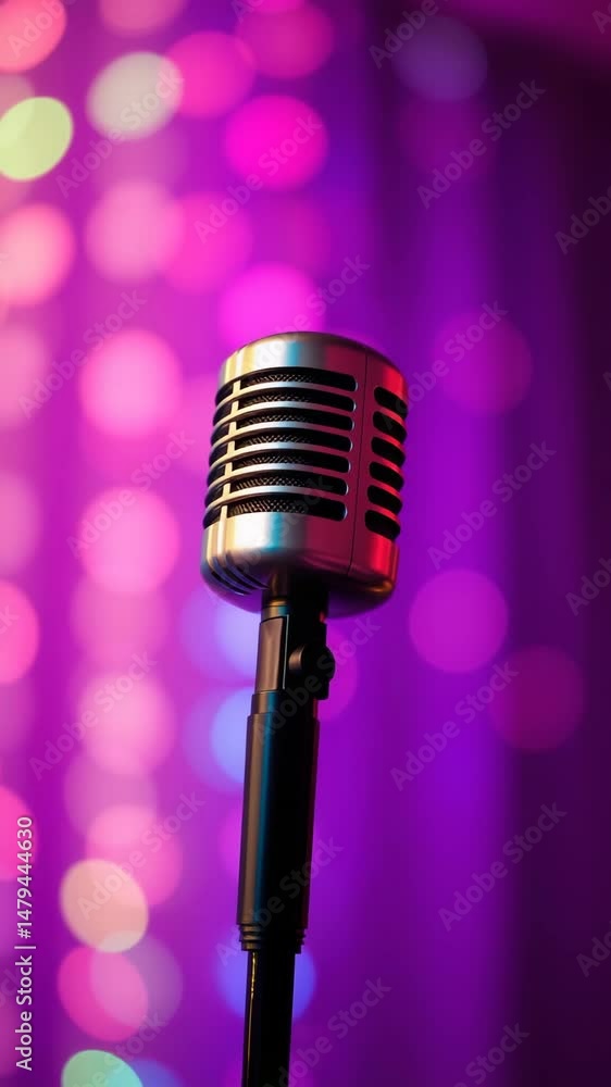 Poster microphone on colorful bokeh neon pastel background performance microphone for speech singing karaok