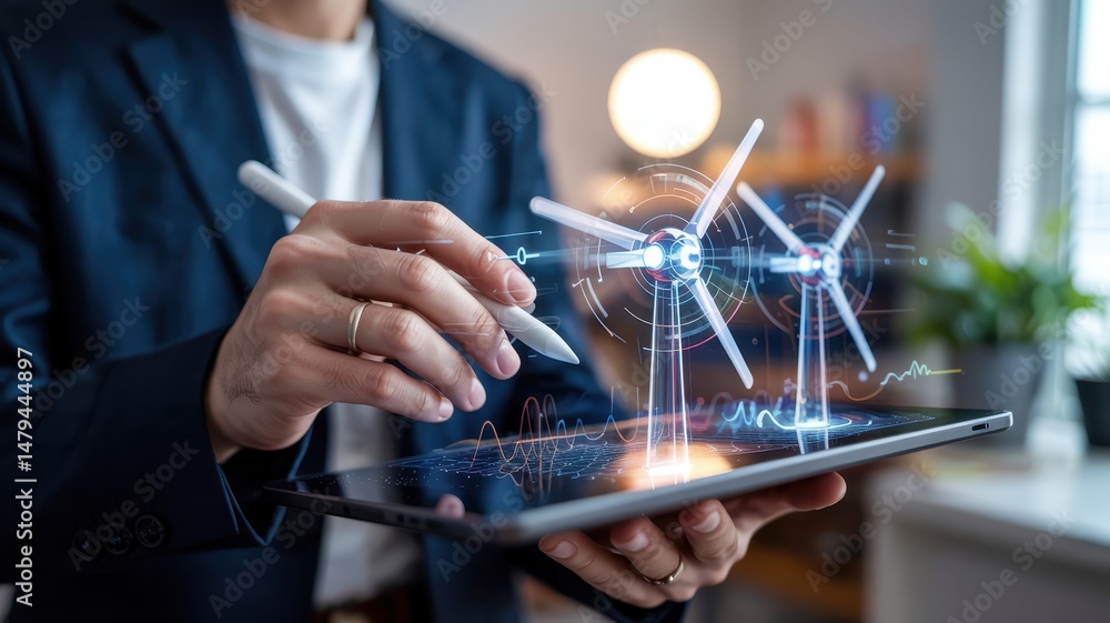 Poster close-up view of hands interacting with a digital tablet displaying wind turbines.