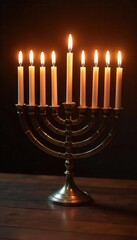 Warm glow of Hanukkah menorah on wooden surface , hope, flame, warm