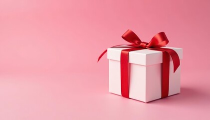 Obraz premium White gift box, red ribbon, pink background Valentine's/Mother's Day mockup , pink, bow, greeting card
