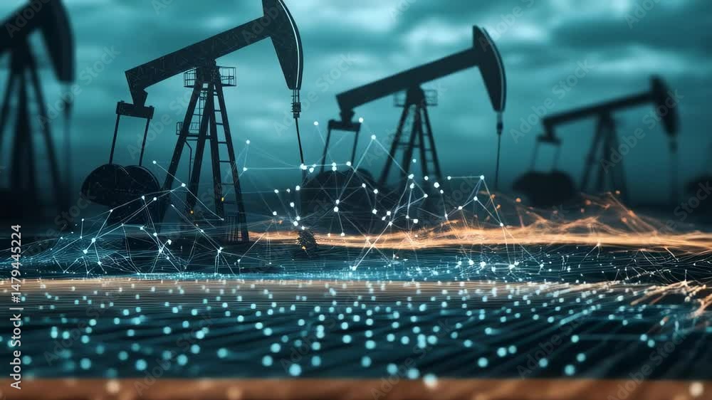 Aufkleber night landscape with illuminated oil pumps interconnected through digital network, representing tech