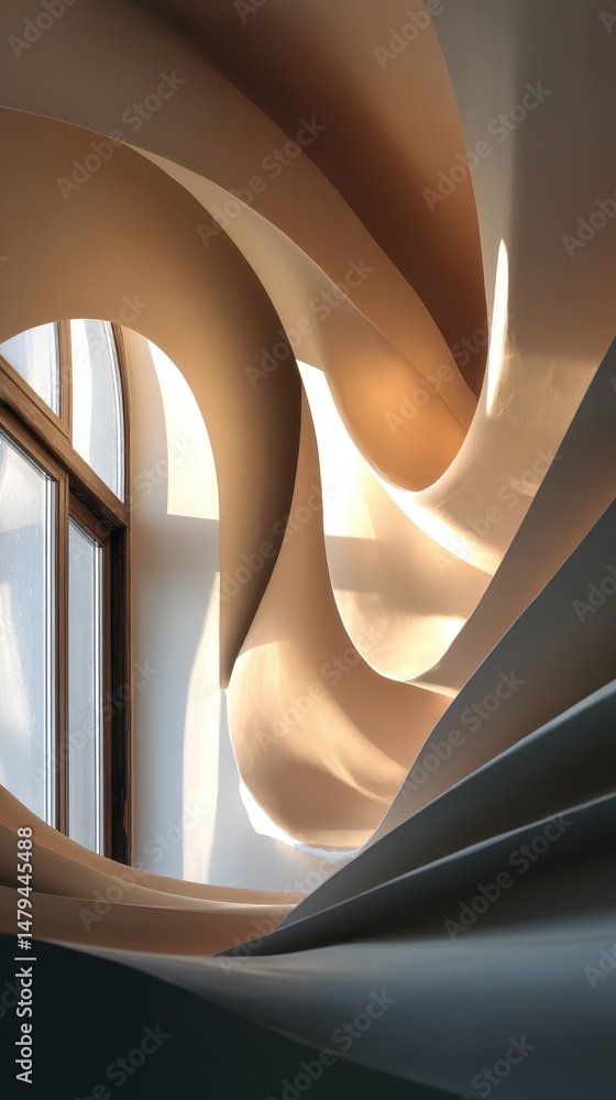 Poster abstract architectural design featuring flowing curves and soft light through large windows, creatin