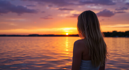 Woman with long blonde hair watching sunset over lake. Tranquil summer evening concept for travel agencies, wellness retreats and mindfulness meditation programs