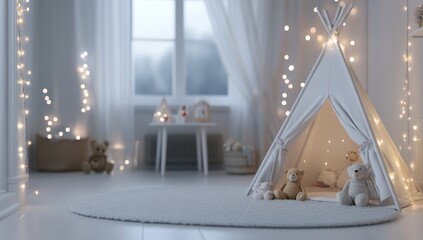 Enchanting playroom showcasing teepee tent with soft lighting and teddy bears