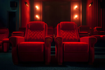 Obraz premium Luxurious red velvet cinema seats await moviegoers in a stylish theater, promising an immersive entertainment experience.