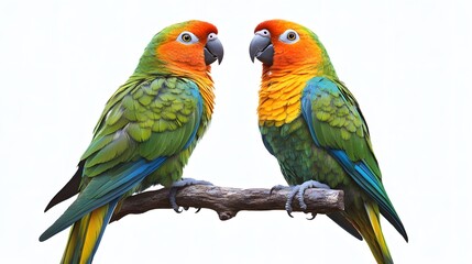 Obraz premium Two colorful parrots perched on a branch against white.