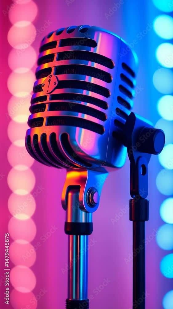 Poster microphone on colorful bokeh neon pastel background performance microphone for speech singing karaok